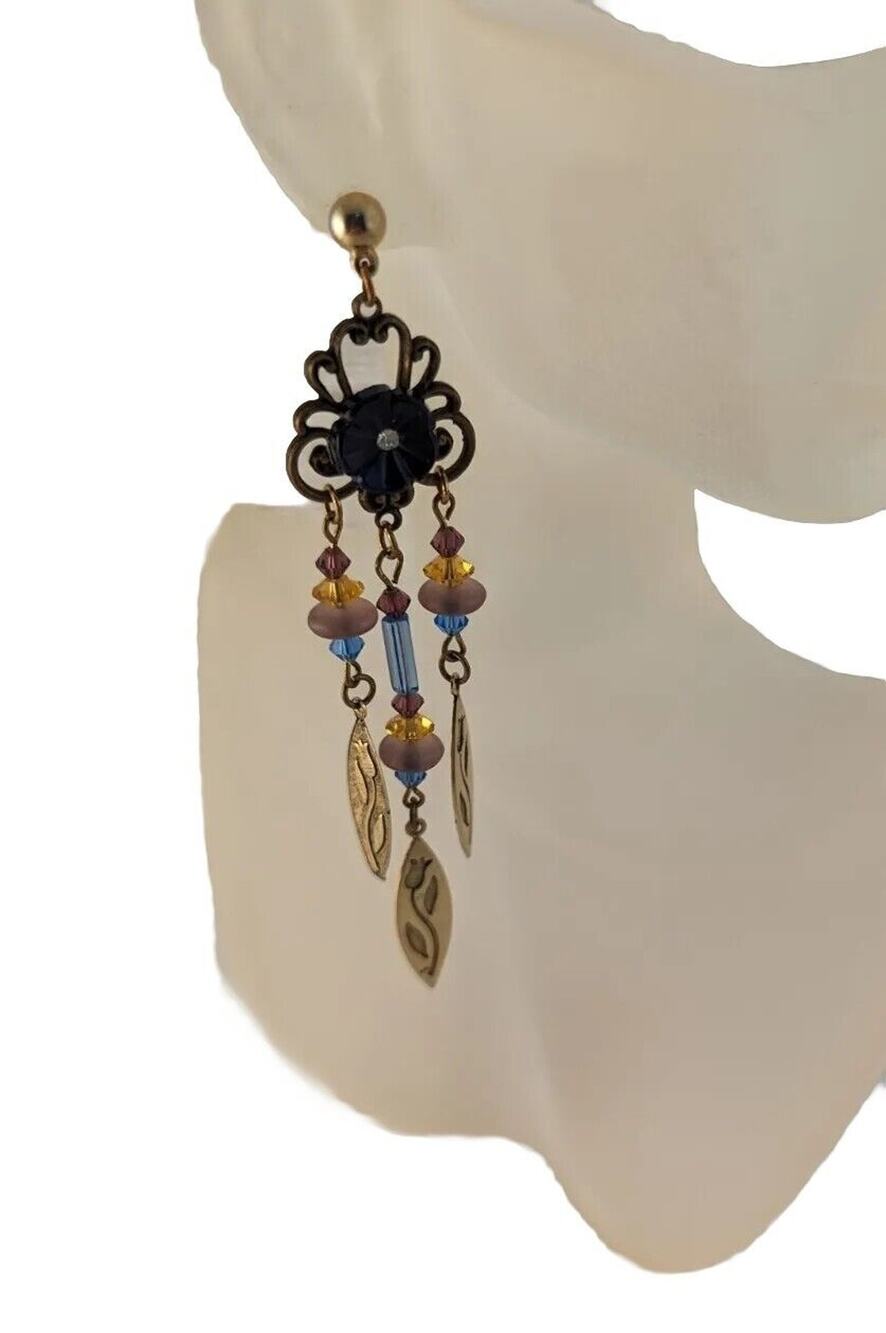 Gold tone Duster Earrings Unusual.Posts Silver Tone Clutch blue amber dusty rose